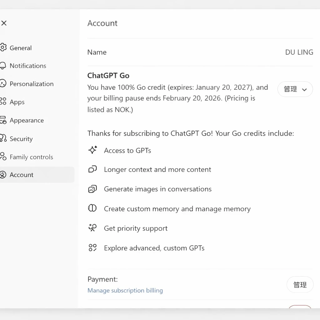 ChatGPT GO Payment Success